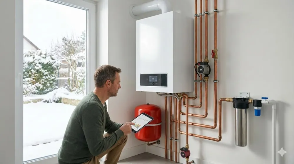 Чоловік з планшетом біля сучасного газового котла з обв'язкою та розширювальним баком у приватному будинку взимку