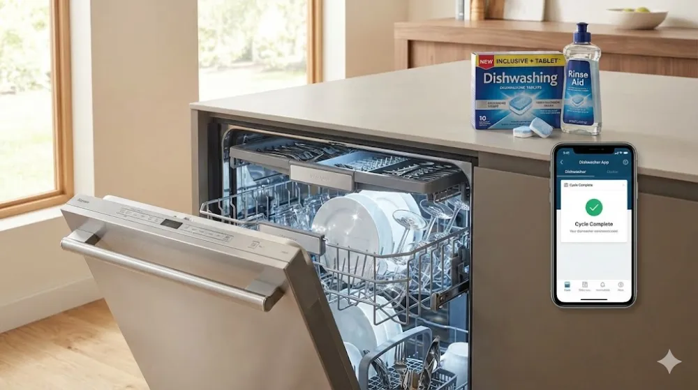Відкрита посудомийка з посудом, смартфон із мобільним додатком та таблетки для миття на сучасній кухні