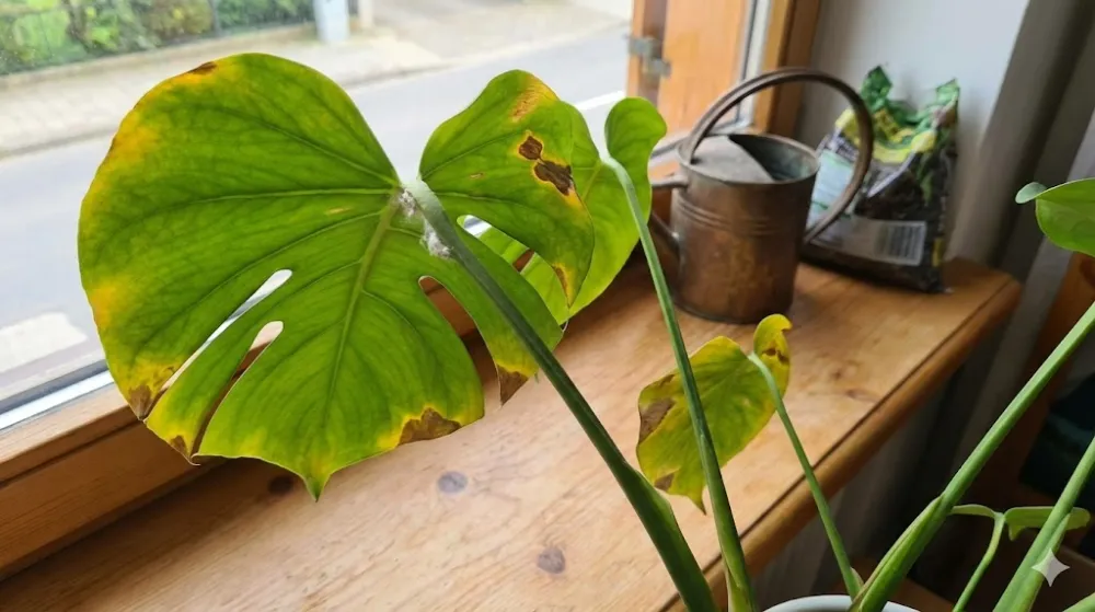Хвора кімнатна рослина монстера з пожовклим листям на підвіконні Листок монстери з жовтими плямами та коричневими краями на підвіконні поруч із лійкою та субстратом