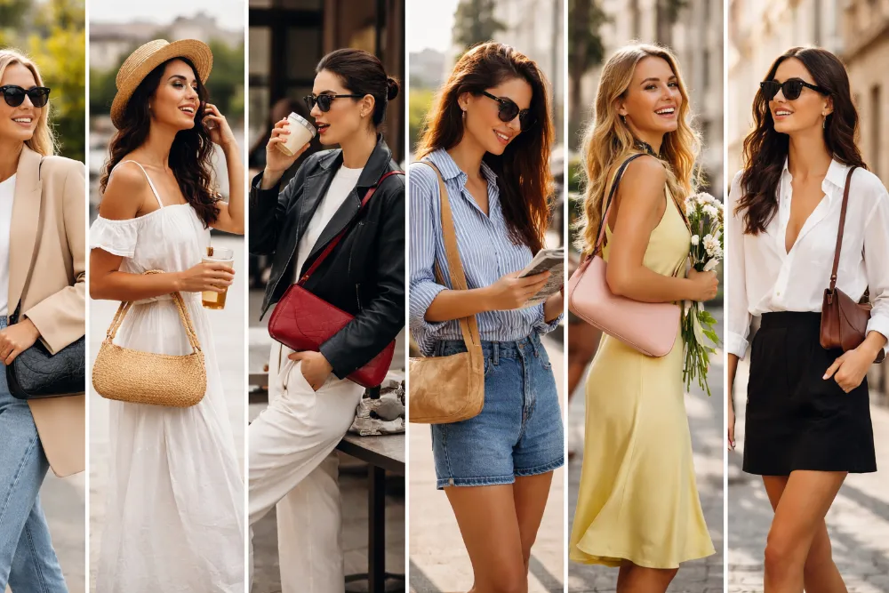Сім жіночих міських образів із різними стилями одягу та сумками-багетами у повсякденних модних поєднаннях
