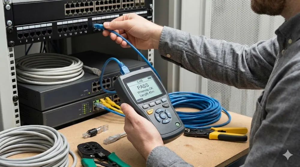 Використання кабельного тестера для діагностики LAN у серверній Мережевий інженер використовує цифровий кабельний тестер для LAN у серверній. На екрані приладу видно результат тесту PASS