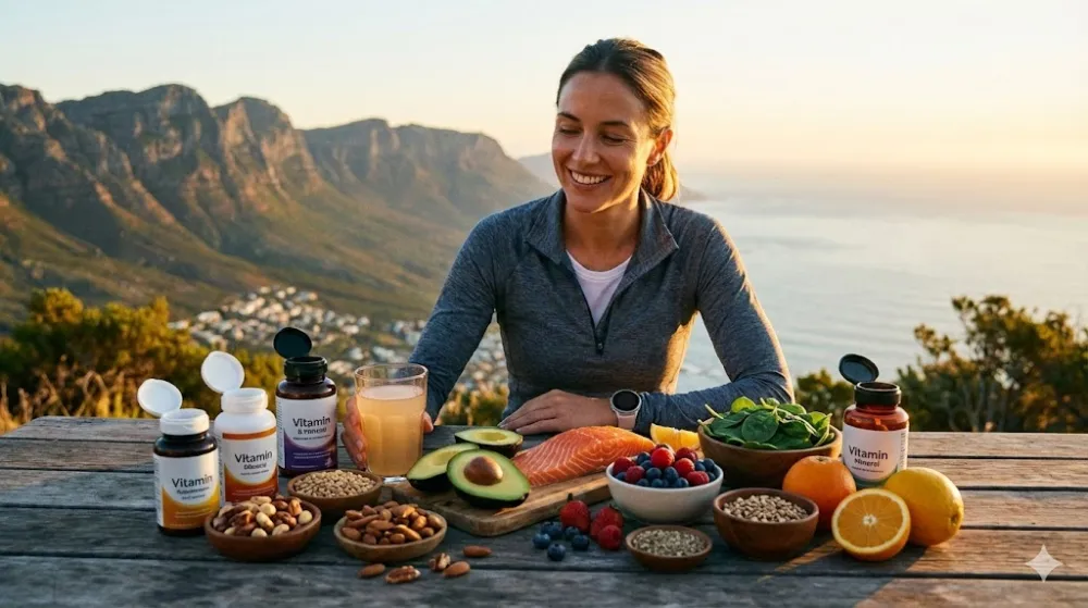 Здорове харчування та вітаміни для активного способу життя Спортивна жінка на природі за столом з продуктами, багатими на мікронутрієнти: лосось, авокадо, ягоди, горіхи та вітаміни