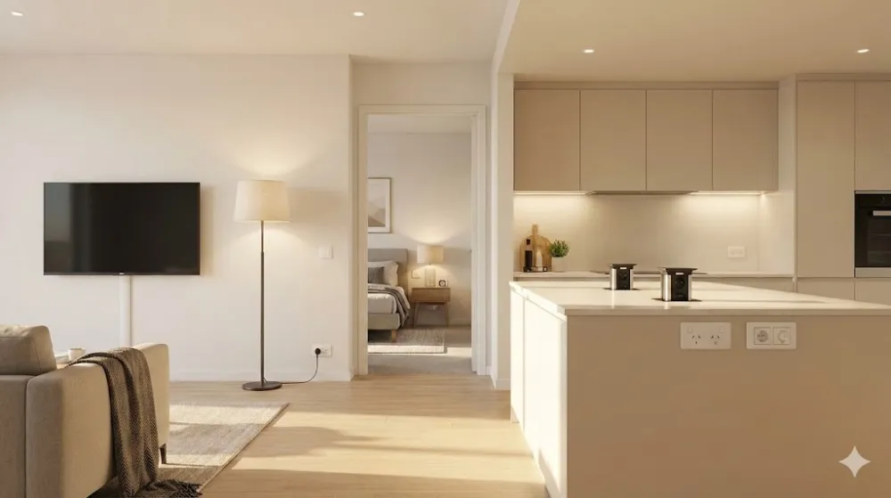 Ергономічне розташування розеток та вимикачів у сучасному інтер'єрі Сучасний інтер'єр з ергономічним розміщенням розеток на кухні, у вітальні та вимикачів біля дверних прорізів