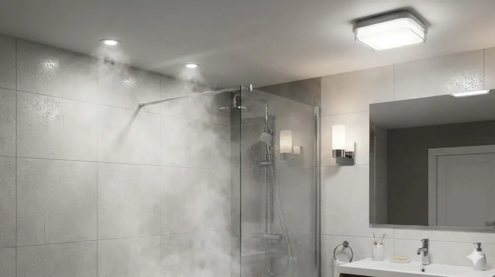 Ванна з парою та увімкненими різними типами вологозахищених світильників: вбудованими, накладним та бра біля дзеркала