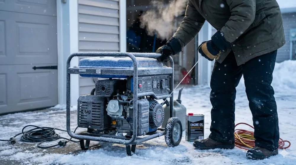 Чоловік у теплому одязі запускає обмерзлий генератор ручним стартером на снігу під час снігопаду