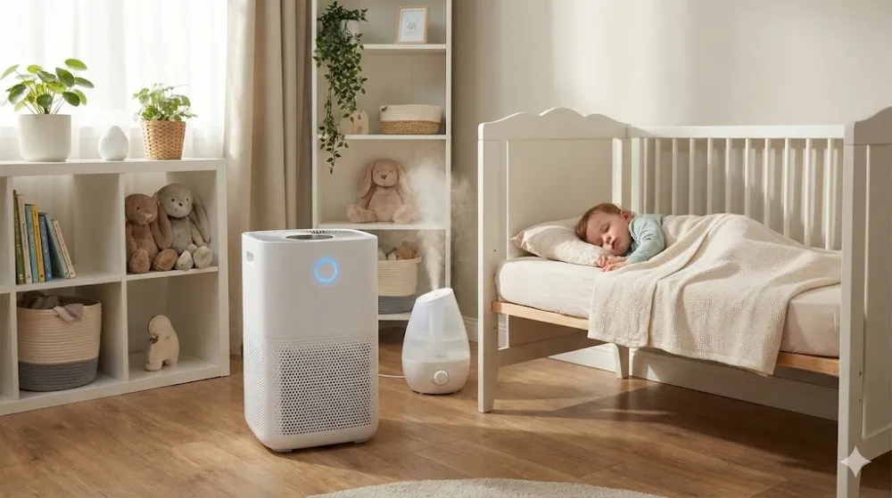 Сучасний очищувач повітря біля ліжка зі сплячою дитиною в світлій кімнаті поруч зі зволожувачем