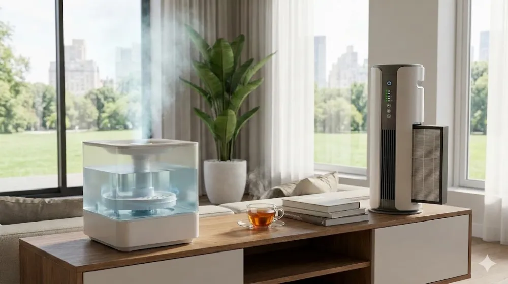 Сучасна мийка повітря з парою та очищувач повітря з видимим фільтром стоять поруч на столі у світлій вітальні