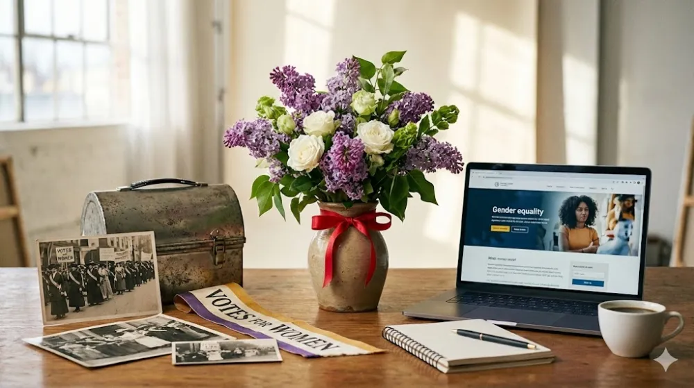 Історія 8 березня: від суфражизму до гендерної рівності Композиція з ноутбуком, квітами та фотографіями суфражисток, що символізує розвиток прав жінок