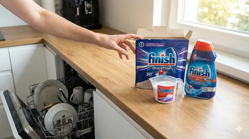 Людина обирає засіб для посудомийки: на столі лежать таблетки Finish, порошок Somat у мірці та гель біля завантаженої машини.