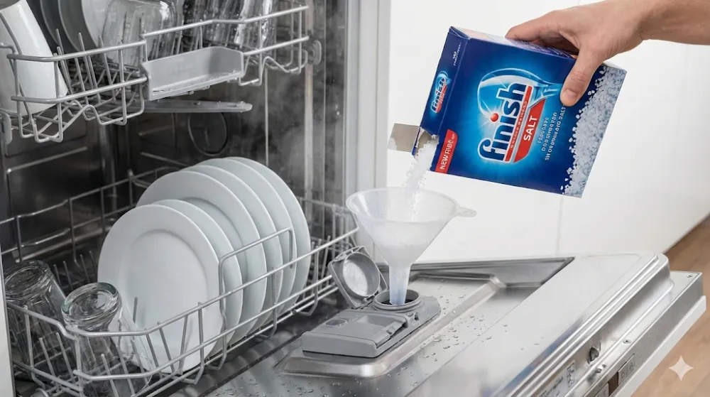 Рука засипає сіль Finish через лійку в резервуар відкритої посудомийної машини, з якої йде пара