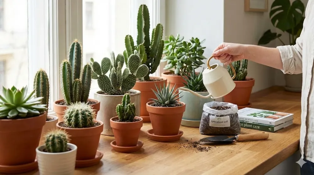 Догляд за кактусами та сукулентами на підвіконні Людина поливає з лійки колекцію яктусів і сукулентів у горщиках на сонячному дерев'яному підвіконні. Поруч ґрунт та інвентар