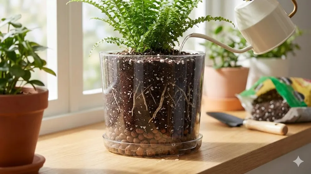 Полив рослини в прозорому горщику з шаром керамзиту на дні та пухким субстратом для аерації коріння