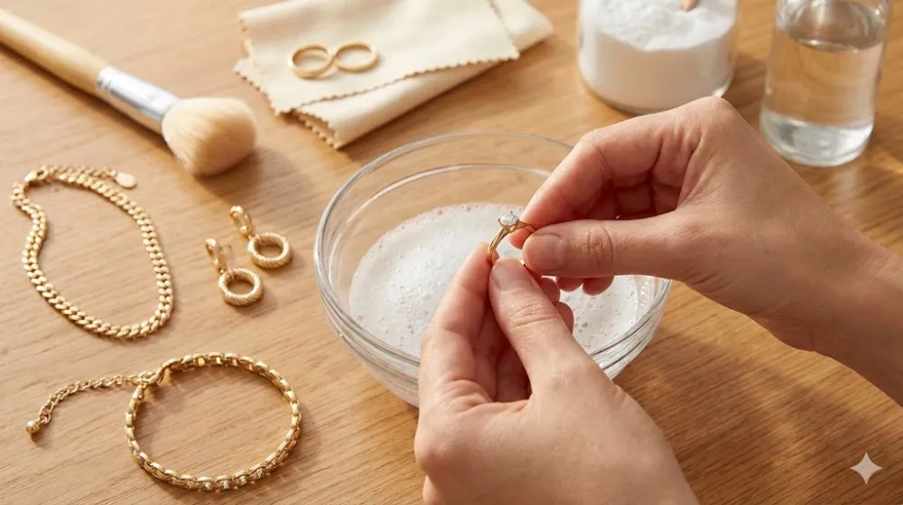 Руки миють золоту каблучку в мильному розчині. На столі лежать браслети, сережки та засоби для чищення золота вдома
