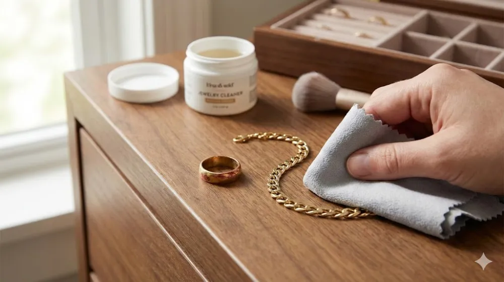 Рука полірує золотий ланцюжок сірою серветкою на дерев'яному столі поруч із потемнілою каблучкою та засобом для чищення