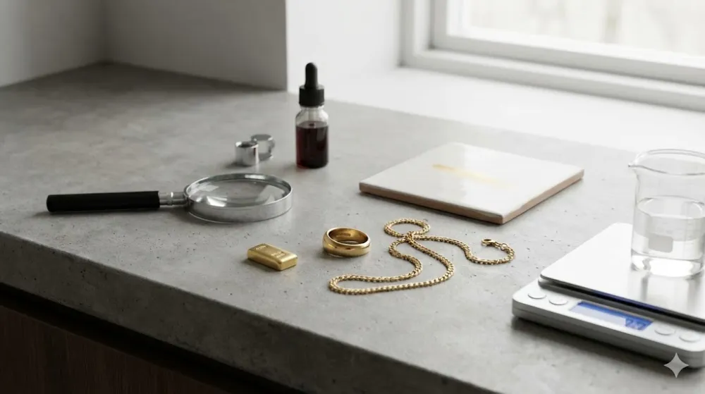 Інструменти для перевірки золота вдома: лупа, ваги, реактив, керамічна плитка та золоті вироби на бетонному столі