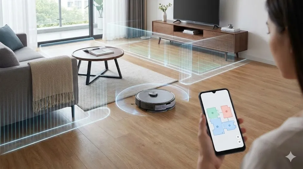Налаштування віртуальних стін та зон для робота-пилососа Людина налаштовує зони прибирання та віртуальні стіни для робота-пилососа через додаток на смартфоні у вітальні