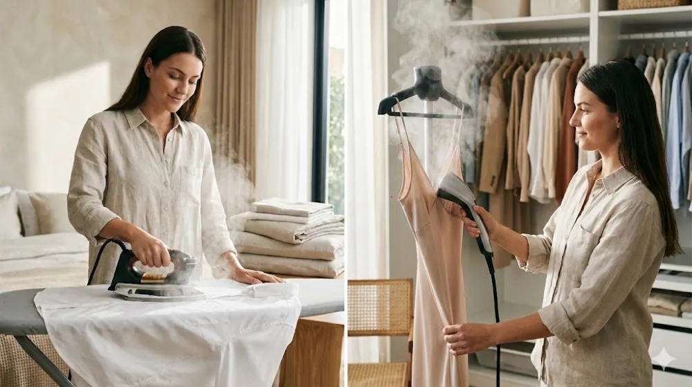 Жінка прасує сорочку на дошці та використовує вертикальний відпарювач для ніжної сукні