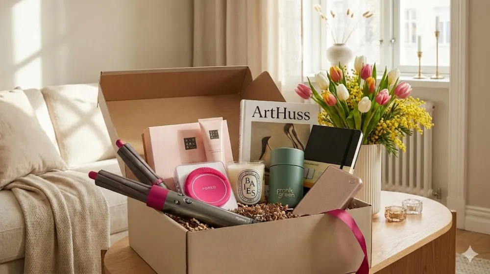 Ідеї подарунків на 8 березня: набір косметики, гаджети та квіти Відкрита коробка з подарунками: Dyson Airwrap, косметика Rituals, книга, гаджети та квіти на столі