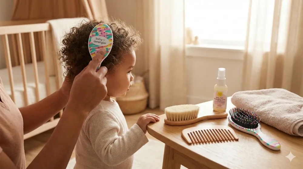Мати розчісує волосся дитини; на столі лежать гребінець для дітей, дерев’яний гребінь та щітка з щетиною