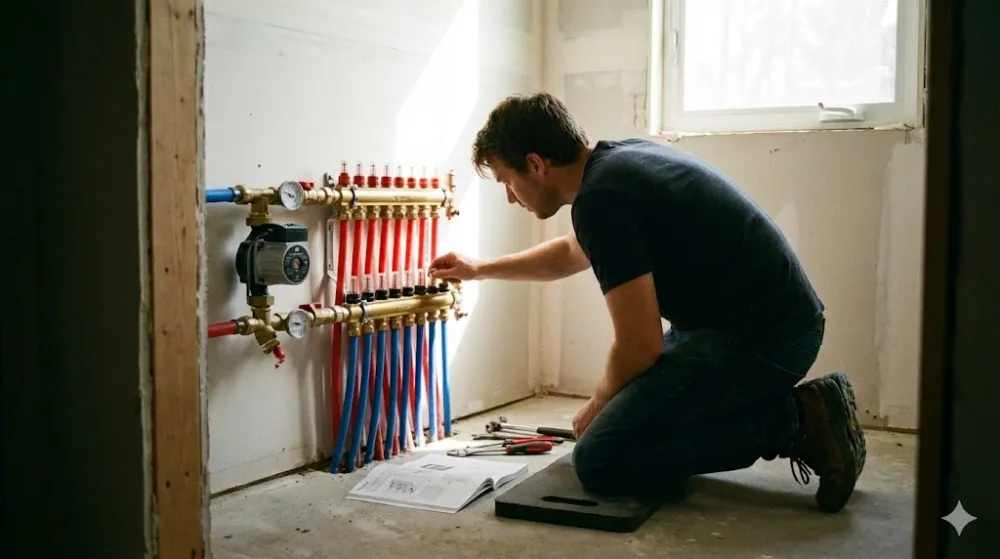 Як налаштувати водяну теплу підлогу власноруч Чоловік стоїть на колінах і налаштовує витратоміри на колекторі водяної теплої підлоги в приміщенні під час ремонту