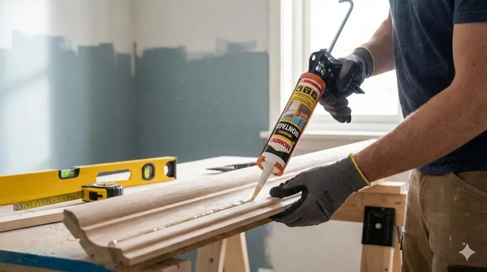 Як користуватися рідкими цвяхами для монтажу дерева Нанесення монтажного клею з пістолета на дерев'яний багет. Поруч лежать будівельний рівень та рулетка