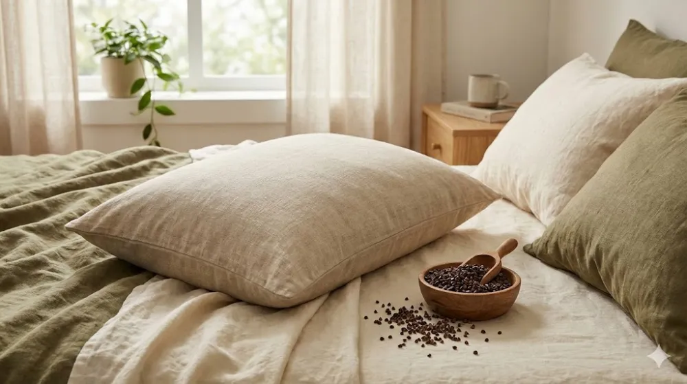 Подушка з гречаним лушпинням у лляній наволочці на ліжку в затишній спальні. Поруч миска з гречаною лузгою та совочком