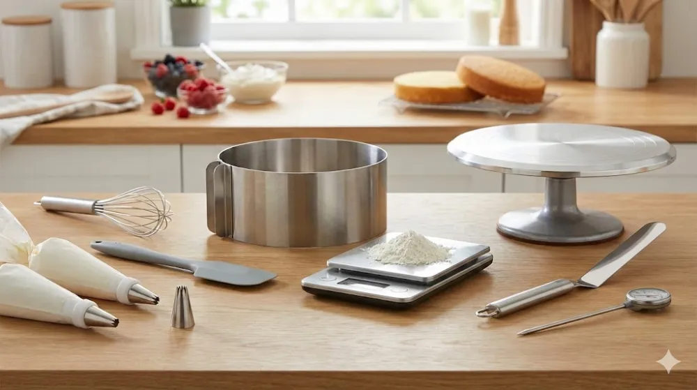 Кондитерське приладдя для початківців: базовий набір інструментів Базовий набір кондитера: кухонні ваги, металеве кільце, мішки з кремом та шпатель на дерев’яному столі