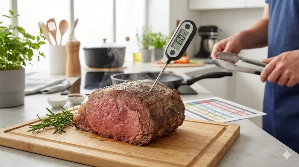 Цифровий кухонний термометр-щуп вставлений у запечену яловичину на дерев'яній дошці, дисплей показує 60 градусів