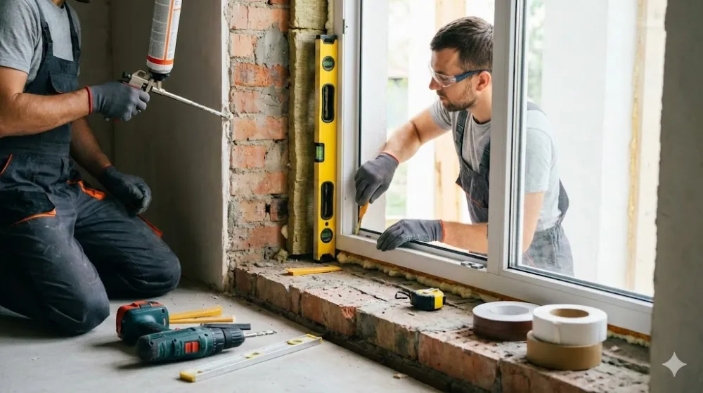 Професійний процес встановлення металопластикового вікна Процес монтажу вікна: два майстри встановлюють раму в цегляний отвір, використовуючи рівень та монтажну піну