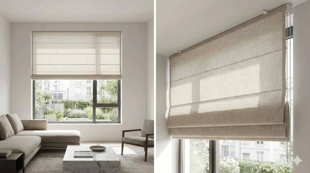 Монтаж римських штор: приклад механізму та зовнішній вигляд Римські штори в сучасному інтер'єрі та детальний вигляд механізму кріплення з ланцюжком