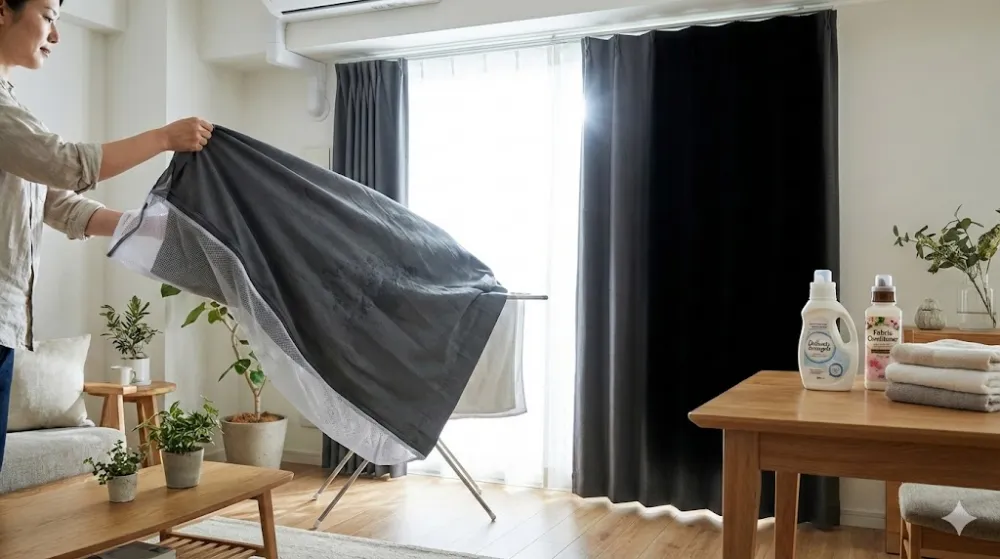 Жінка вішає на сушарку мокру штору блекаут у мішку для прання. На столі поруч стоять гелі для прання