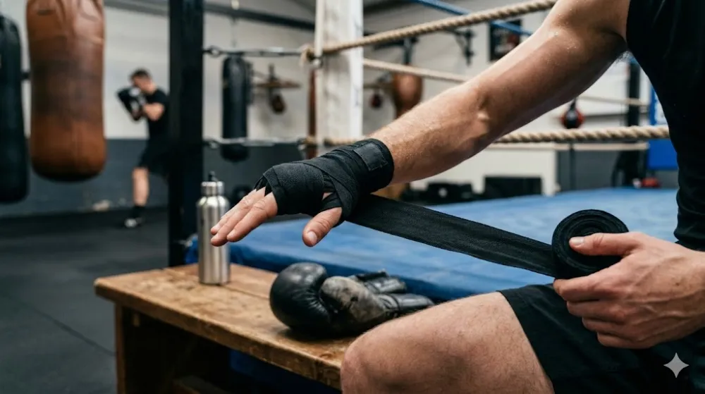 Як вибрати боксерські бинти для тренувань та змагань Процес намотування чорних боксерських бинтів на руки в спортзалі на фоні боксерського рингу