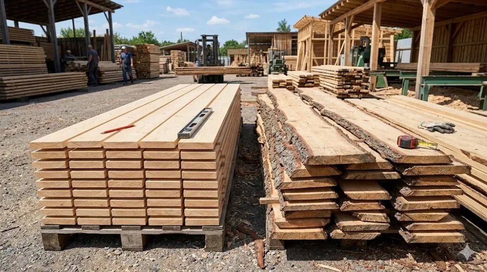 Обрізна та необрізна дошка: порівняння пиломатеріалів на складі Штабелі обрізної та необрізної дошки з корою на складі пиломатеріалів під відкритим небом