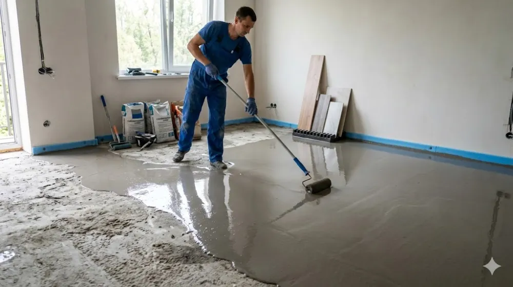 Робітник у синьому комбінезоні розрівнює рідку сіру самовирівнювальну суміш на підлозі великим валиком
