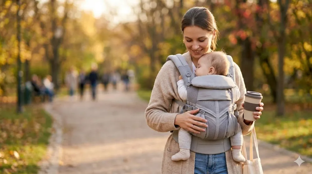 Мама з дитиною в ерго-рюкзаку гуляють восени Жінка гуляє осіннім парком, несучи немовля у сірому ерго-рюкзаку. Дитина спить, мама посміхається і тримає каву