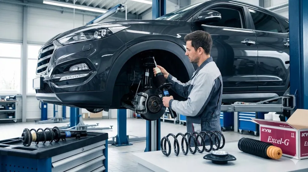 Як вибрати амортизатори для авто та провести якісну заміну Механік у автосервісі встановлює новий амортизатор, поруч лежать пружини та запчастини підвіски
