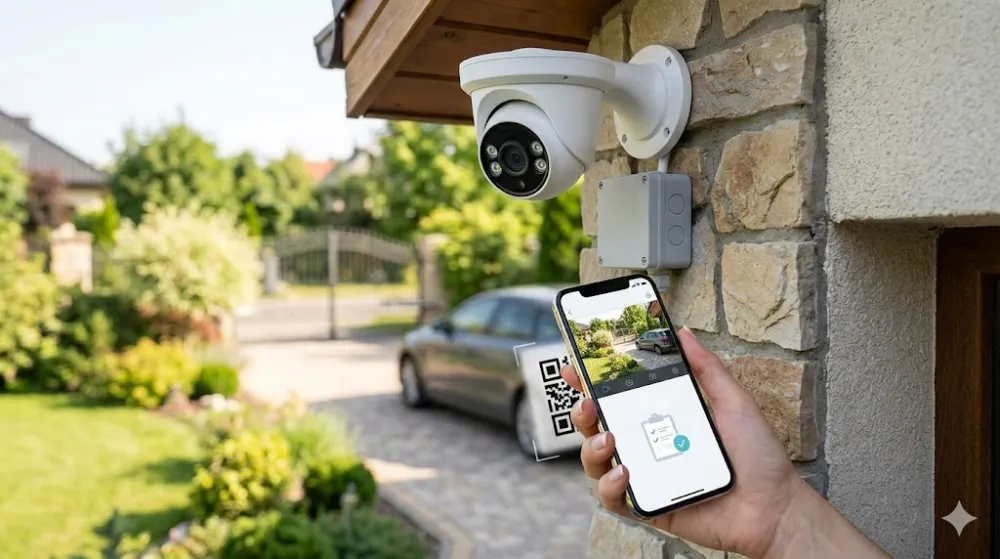 Налаштування вуличної камери відеоспостереження через смартфон Людина сканує QR-код на стіні біля вуличної відеокамери за допомогою смартфона для її налаштування