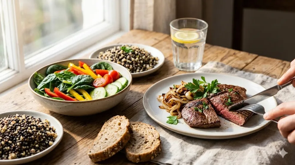 Обід біля вікна: запечений стейк, салат та бобові Здоровий обід біля вікна: стейк, миска салату, бобові, цільнозерновий хліб, склянка води з лимоном. Рука розрізає м'ясо