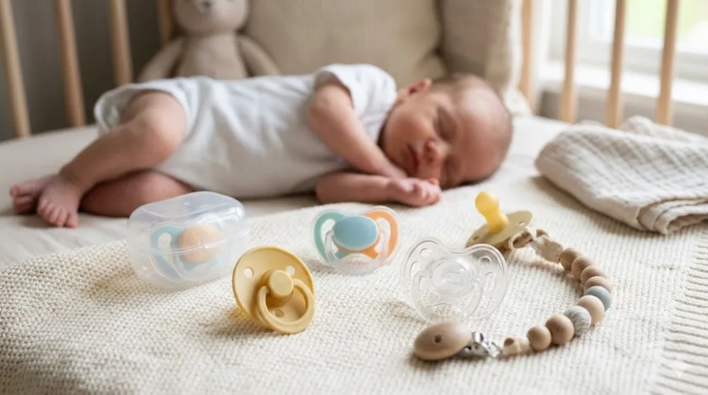 Дитячі пустушки, прозорий контейнер та дерев'яний тримач на ковдрі, спляче немовля в ліжечку