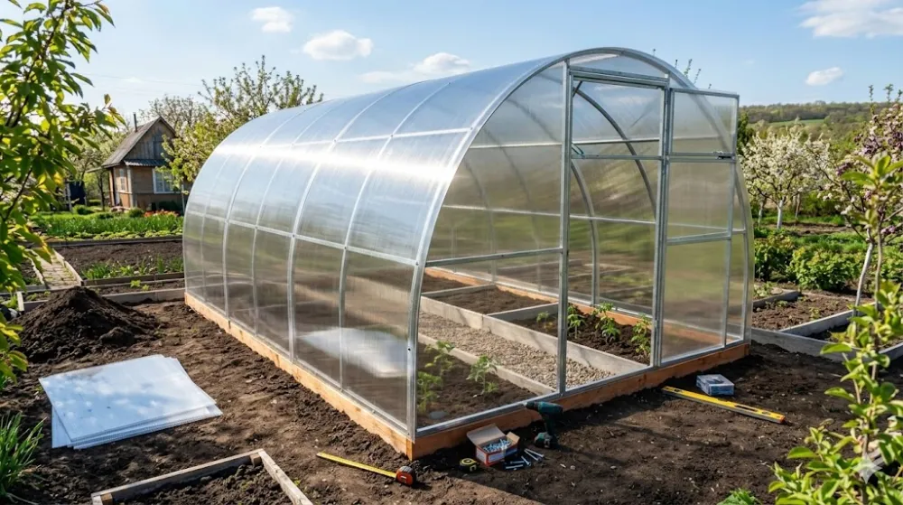 Аркова теплиця з полікарбонату на дачі, інструменти та грядки з розсадою на сонячній ділянці