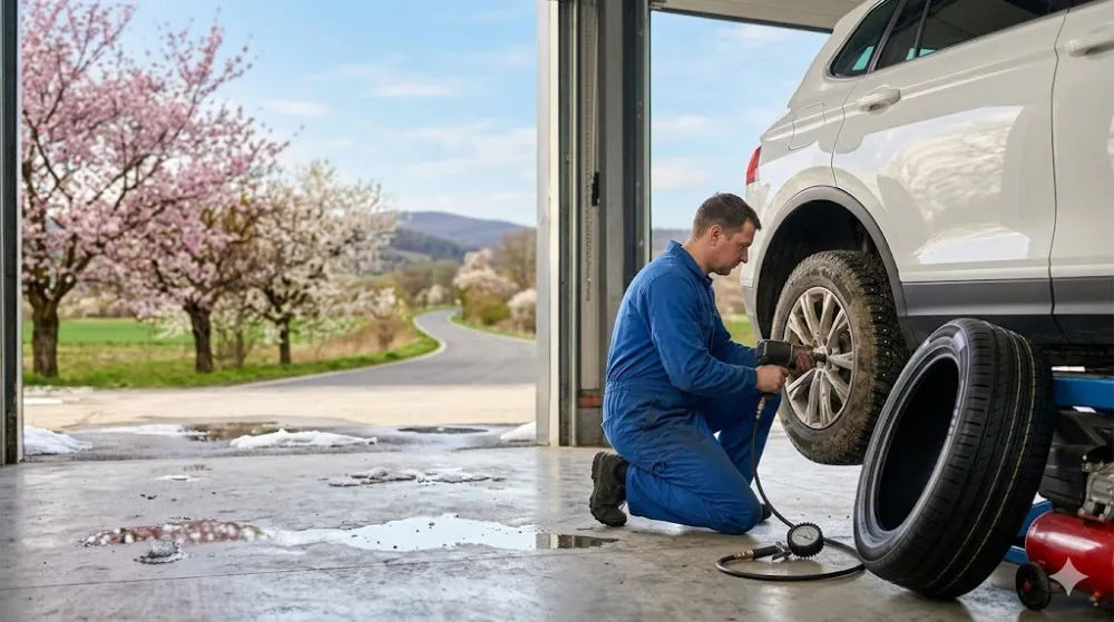 Механік у синьому комбінезоні замінює колесо на білому кросовері в гаражі. На задньому плані квітучі дерева та весняна дорога