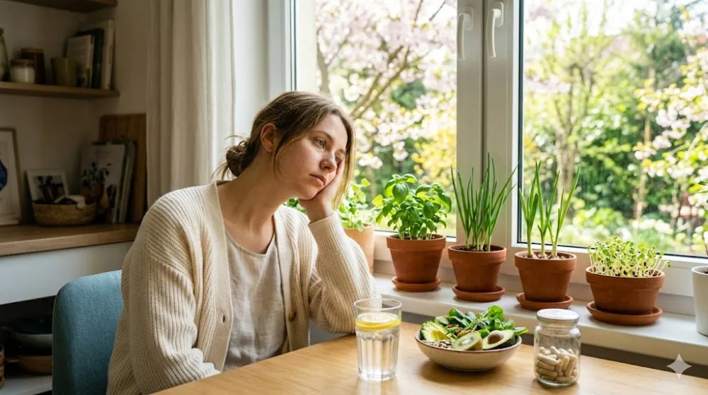 Втомлена жінка біля вікна зі здоровим сніданком, зеленню та вітамінами на фоні квітучого саду